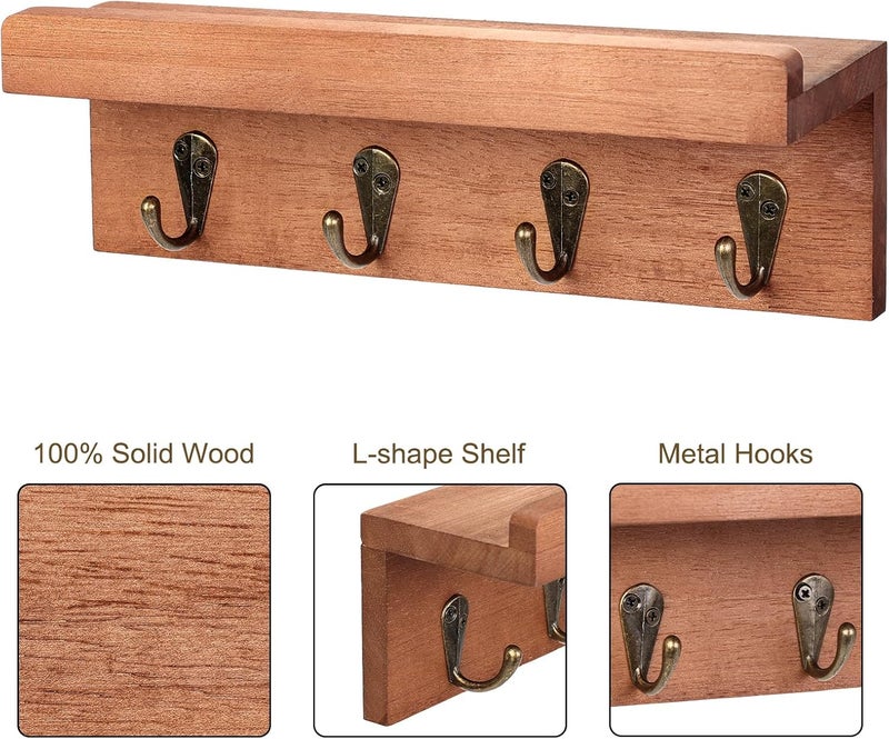 HRONRAD Rustic Key Holder for Wall, Farmhouse Wall Shelf with 4 Hooks, Wall Mounted Key Racks, Wooden Mail Organizer with Hooks for Entryway (Brown - Oak) - Image 3